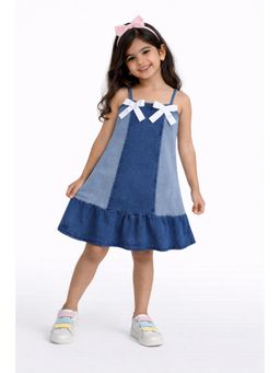 Bright Star Kids Wear - Girls Denim Strap Dress With Satin Bow A-Line Summer Dress-Blue