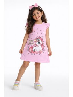 Bright Star Kids Wear - Girls Dress Soft Cotton Unicorn Printed Dress-Pink
