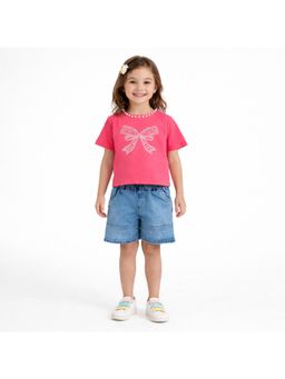 Bright Star Kids Wear - Girls Embellished Cotton Bow Print T-Shirt And Shorts-Pink