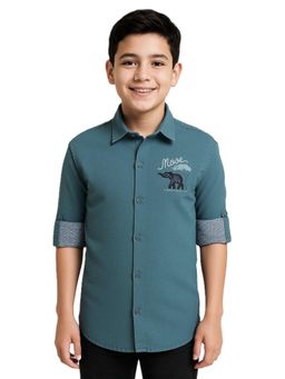 CAVIO - Boys Full Sleeves Embroidered Casual Shirt-Teal