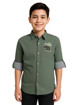 CAVIO - Boys Full Sleeves Embroidered Casual Shirt-Green