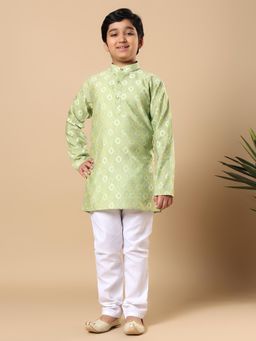 BT DEZINES - Boys Pista Green Ikat Woven Pattern Kurta And Pyjama