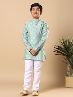 BT DEZINES - Boys Sea Green Ikat Woven Pattern Kurta And Pyjama