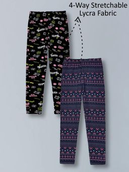 PLUM TREE - Girls Cotton Lycra Stretch Printed Leggings-Black (Pack of 2)