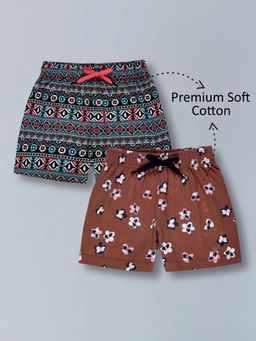 PLUM TREE - Girls Premium Cotton Printed Knit Shorts-Brown (Pack of 2)