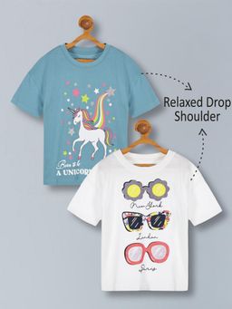 PLUM TREE - Girls Premium Cotton Printed Oversized T-Shirts-Off White (Pack of 2)