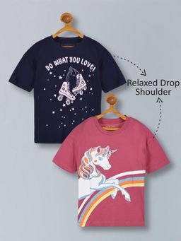 PLUM TREE - Girls Premium Cotton Printed Oversized T-Shirts-Navy Blue (Pack of 2)