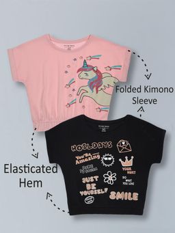 PLUM TREE - Girls Stretchable Elastic Waist Crop T-Shirts-Multi-Color (Pack of 2)