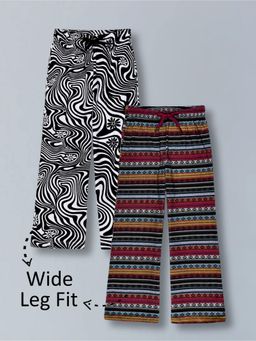 PLUM TREE - Girls Premium Cotton Printed Wide Leg Trousers-Black (Pack of 2)