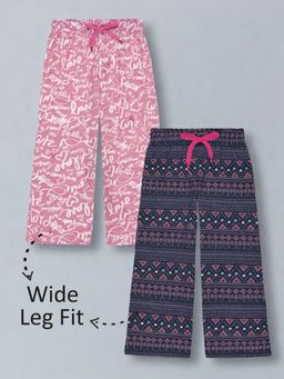 PLUM TREE - Girls Premium Cotton Printed Wide Leg Trousers-Pink (Pack of 2)