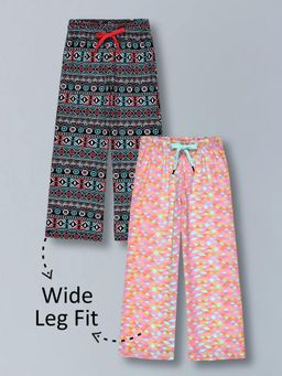 PLUM TREE - Girls Premium Cotton Printed Wide Leg Trousers-Pink (Pack of 2)