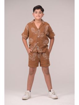 Urban buds - All-Over Leaf Pattern Embroidered Co-Ord Set-Brown