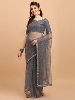 Amrutam Fab - Womens Embellished Net Grey Colour Saree With Unstitched Blouse Piece