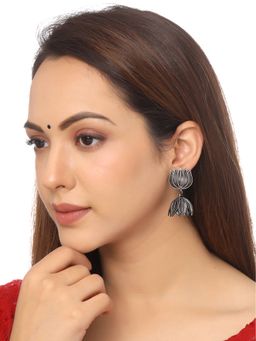 Yellow Chimes - Oxidised Silver Toned Floral Designed Drop Earrings