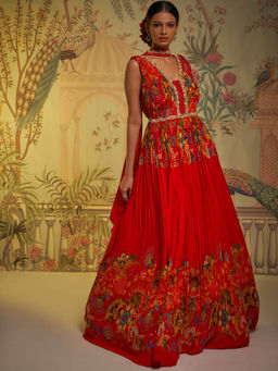 Aayushi Maniar - Gathered Anarkali Kurta and Dupatta Red (Set of 2)