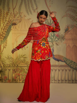 Aayushi Maniar - Scarlet Phulvaari One Shoulder Gharara and Tunic Red (Set of 2)