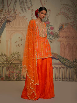 Aayushi Maniar - Tangerine Patola Gharara and Tunic with Dupatta Orange (Set of 3)