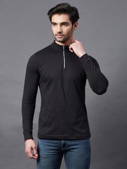 RIGO - Men Black Zip Neck Full Sleeve Cotton T-shirt