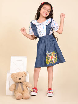 Lilpicks - Funky Printed Top With Applique Denim Dungaree Skirt White Blue (Set of 2)