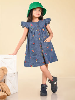 Lilpicks - Cherry Applique Button Down A-Line Denim Dress Blue