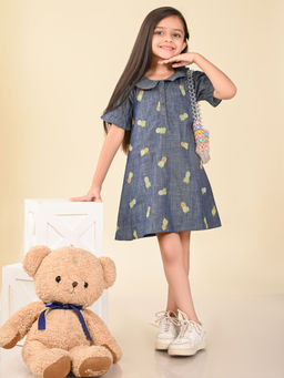 Lilpicks - Pineapple Applique Button Down A-Line Denim Dress Blue