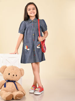 Lilpicks - Solid Button Down Embroidered Pocket Shirt Dress Blue