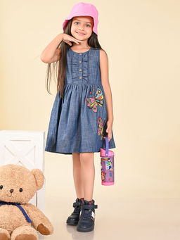 Lilpicks - Butterfly Applique Button Down Fit n Flare Denim Dress Blue
