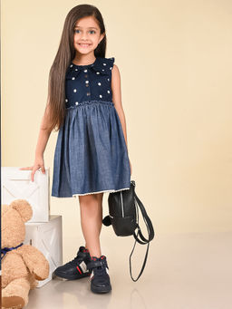 Lilpicks - Polka Printed Sleeveless Fit n Flare Denim Dress Blue