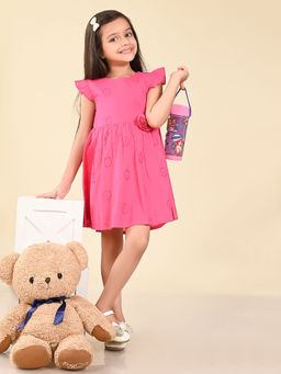 Lilpicks - Schiffli Embroidered Knee Length Fit n Flare Dress Pink