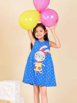 Lilpicks - Rabbit Polka Printed Sleeveless Fit n Flare Dress Blue