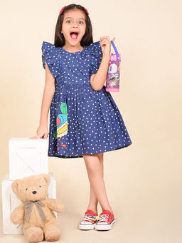 Lilpicks - Polka Printed Sleeveless Ruffle Fit n Flare Dress Blue