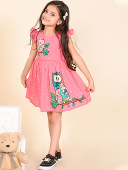 Lilpicks - Owl Printed Polka Fit n Flare Dress Pink
