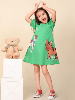 Lilpicks - Cat Printed Knee Length A-Line Dress Green