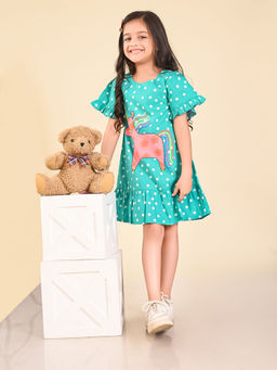 Lilpicks - Unicorn Printed Polka Drop Waist Dress Bright Blue