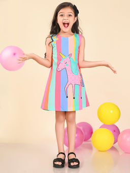 Lilpicks - Unicorn Printed Multi Stripes Sleeveless A-Line Dress Multi-Color