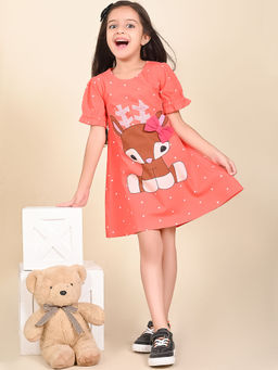 Lilpicks - Baby Deer Printed Polka Bow A-Line Dress Orange