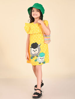 Lilpicks - Sheep Printed Ruffle Fit Flare Dress Yellow