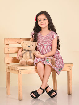 Lilpicks - Dog Printed Stripes Fit n Flare Dress Red White