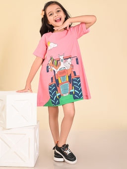 Lilpicks - Tractor Printed Knee Length A-Line Dress Peach