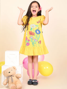 Lilpicks - Floral Printed Knee Length Drop Waist Dress Yellow