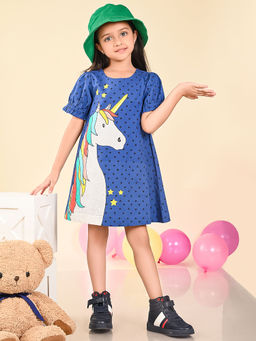 Lilpicks - Unicorn Printed Knee Length A-Line Dress Blue