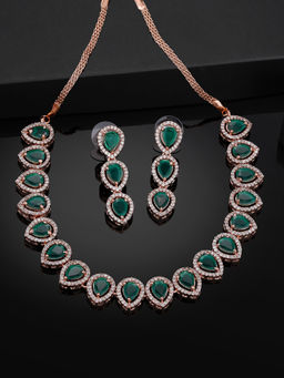 Estele - Rose Gold Plated CZ Precious Pears Necklace Set with Green Crystals for Women
