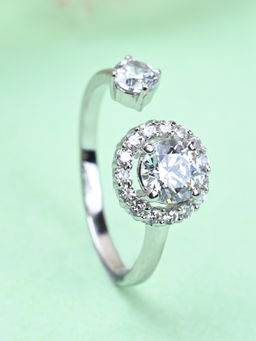 CLARA - 925 Silver Swiss Zircon Solitaire Finger Ring with Adjustable Band for Women & Girls