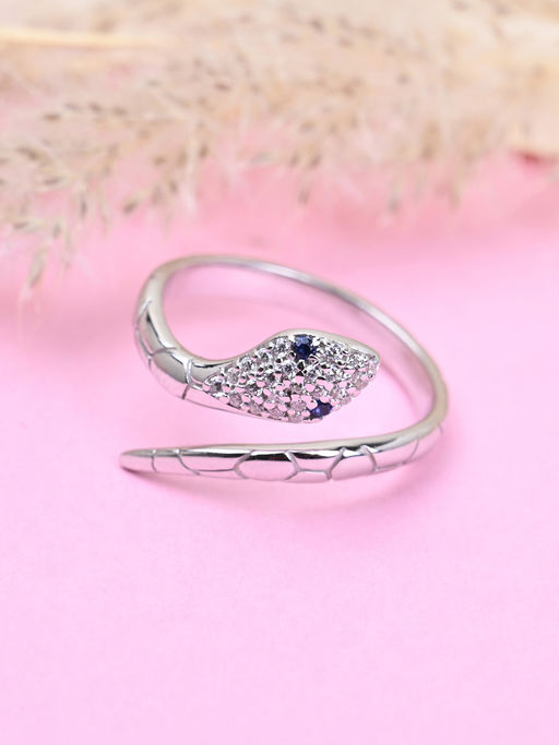 CLARA 925 Silver Swiss Zircon Snake Finger Ring with Adjustable Band for Women & Girls