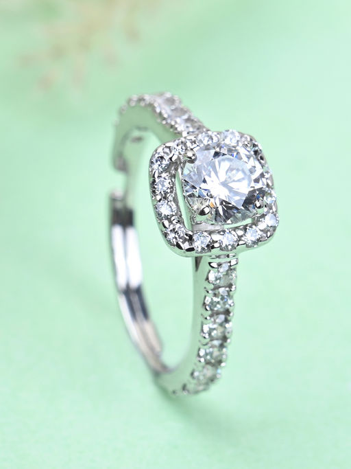 CLARA 925 Silver Swiss Zircon Halo Solitaire Finger Ring with Adjustable Band for Women