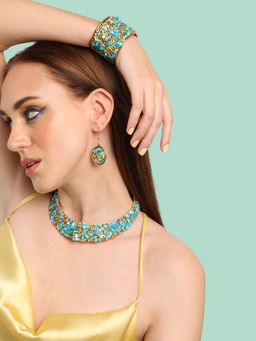 Sohi - Gold Plated Party Designer Stone Necklace and Earring Set For Women