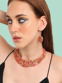 Sohi - Gold Plated Party Designer Stone Necklace and Earring Set For Women