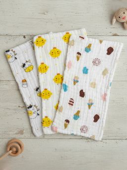 Baby Moo - Printed Pack of 3 Soft Muslin Burp Cloth - White