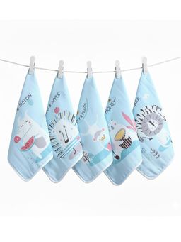 Baby Moo - Animal Appetites Pack of 5 Soft Hankies Multipurpose Wash Cloth Muslin Napkin - Blue