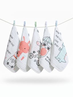 Baby Moo - Cartoon Print Pack of 5 Soft Hankies Multipurpose Wash Cloth Muslin Napkin - White